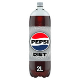 A 2L bottle of Pepsi - Diet Cola, a low calorie soft drink, features a gray label with the Pepsi logo and bold "DIET" text.